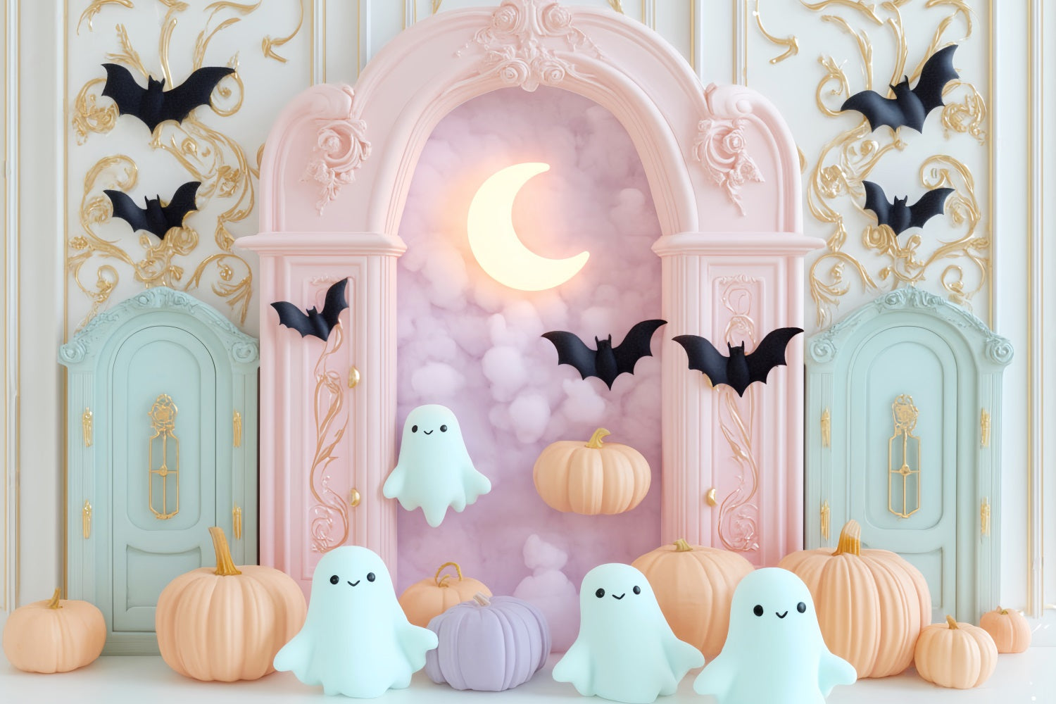 Halloween Geister Fotohintergrund Pastellfarbener Geist Fledermaus Mond Niedlicher Halloween Fotohintergrund LXX59-89
