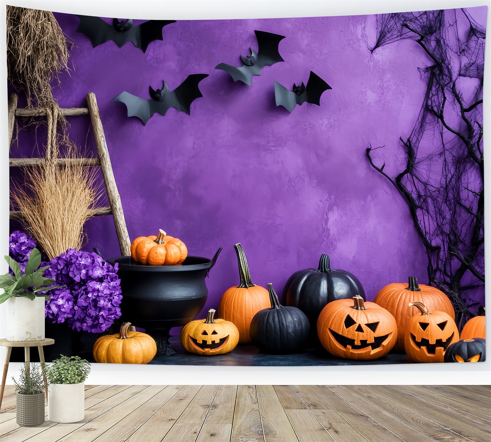 Farbiger Fotohintergrund Lila Wand Kürbis Kessel Halloween-Fotohintergründe LXX59-91