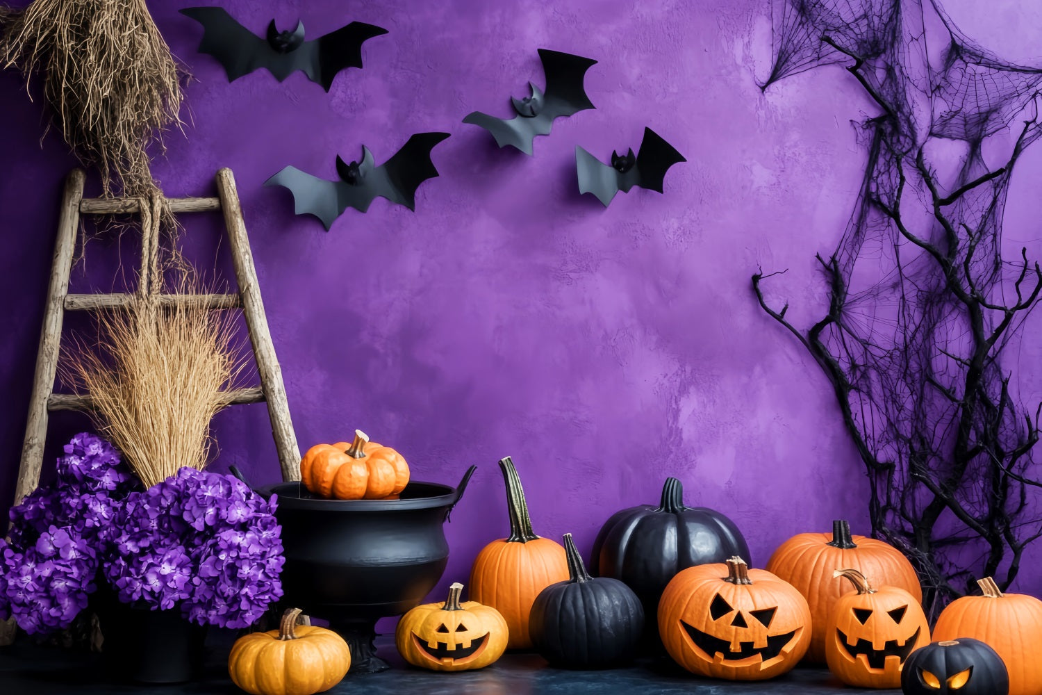 Farbiger Fotohintergrund Lila Wand Kürbis Kessel Halloween-Fotohintergründe LXX59-91