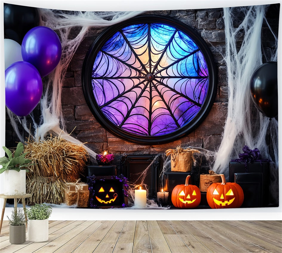 Fledermaus Fotohintergrund Spinnennetz Buntglasfenster Halloween-FotokabinenFotohintergrund LXX59-92