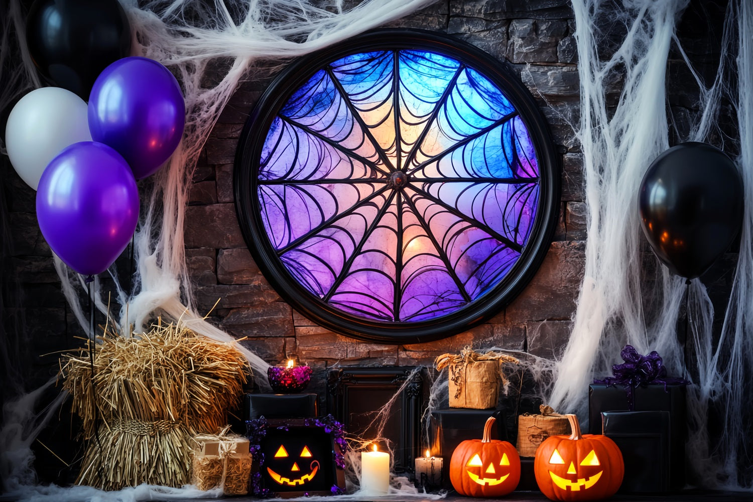 Fledermaus Fotohintergrund Spinnennetz Buntglasfenster Halloween-FotokabinenFotohintergrund LXX59-92