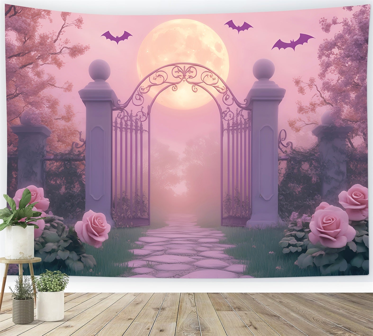 Spinnen Fotohintergrund Mondbeschienener Gartentor Rosen Halloween-Fotohintergrund LXX59-93