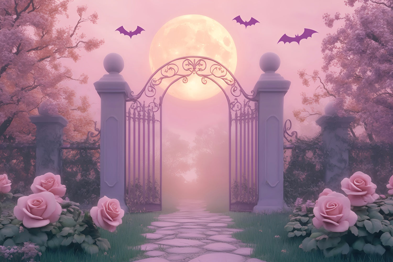 Spinnen Fotohintergrund Mondbeschienener Gartentor Rosen Halloween-Fotohintergrund LXX59-93