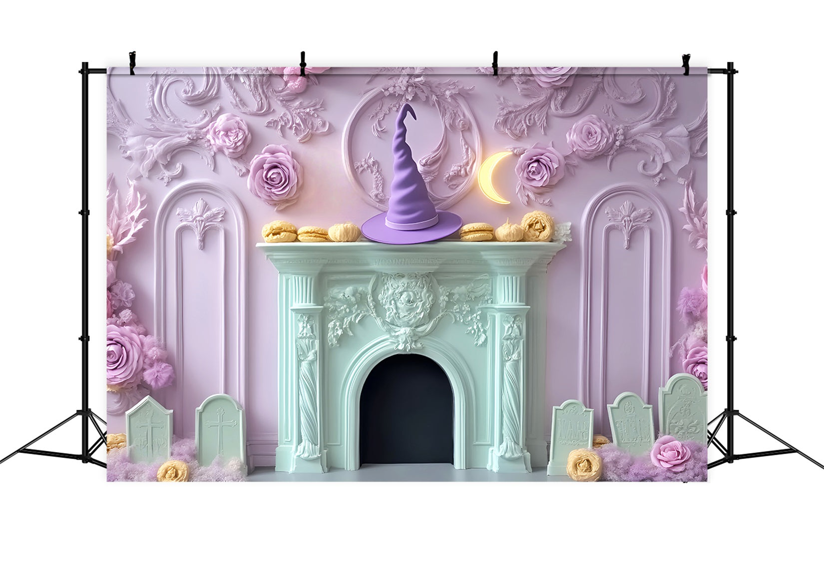 Halloween Fledermaus Fotohintergrund Pastellfarbener Hexenhut Kamin Halloween-Hintergründe LXX59-95