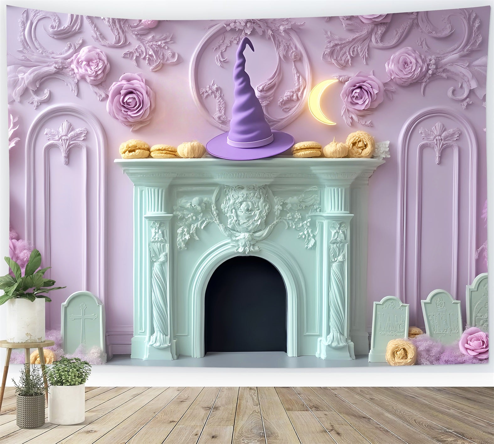 Halloween Fledermaus Fotohintergrund Pastellfarbener Hexenhut Kamin Halloween-Hintergründe LXX59-95