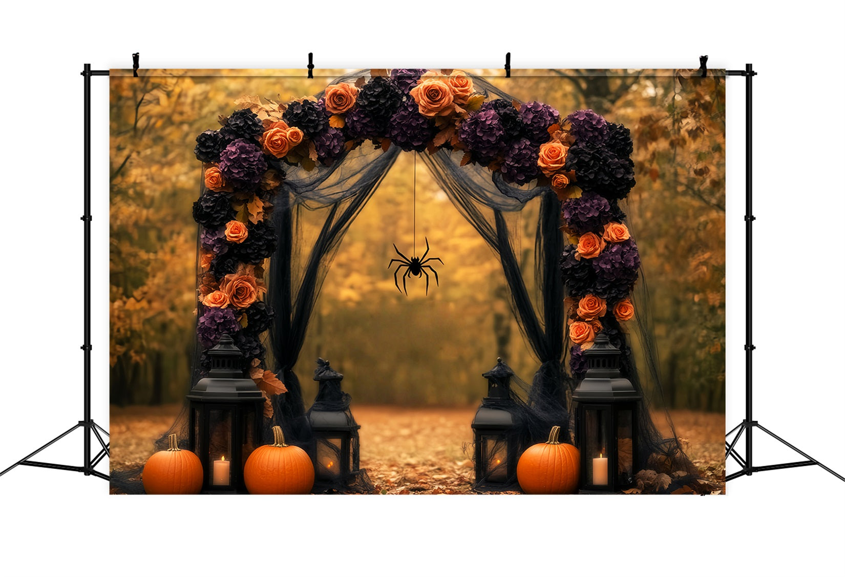 Spinnen Fotohintergrund Herbstlicher Blumenbogen Kürbisse Laternen Halloween-Fotohintergrund LXX59-96