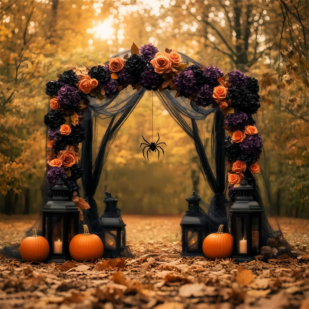 Spinnen Fotohintergrund Herbstlicher Blumenbogen Kürbisse Laternen Halloween-Fotohintergrund LXX59-96