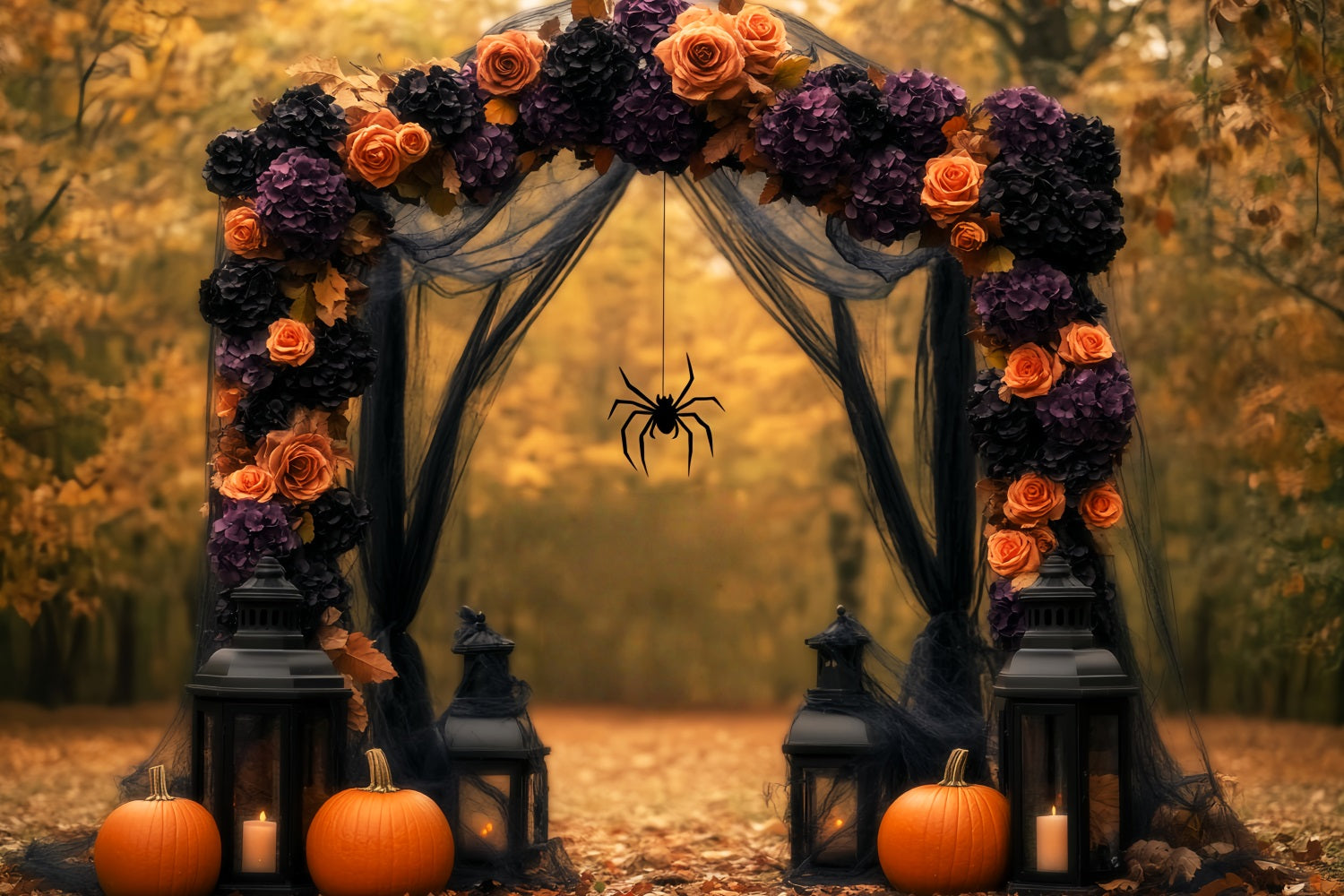 Spinnen Fotohintergrund Herbstlicher Blumenbogen Kürbisse Laternen Halloween-Fotohintergrund LXX59-96