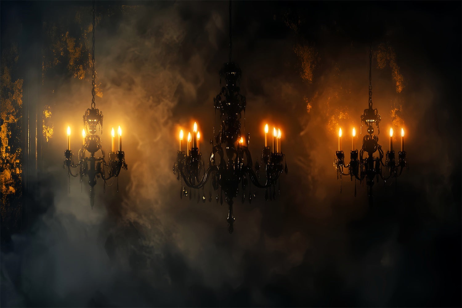 Gruseliger Fotohintergrund Dunkler Kronleuchter Nebel Rauch Glühen Halloween-WandFotohintergrund LXX59-98