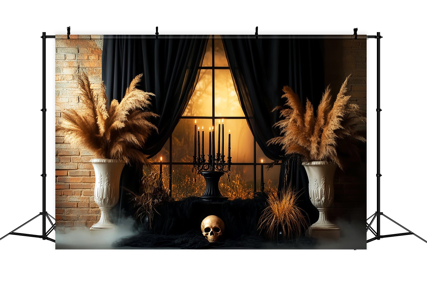 Unheimlicher Fotohintergrund Schwarzer Vorhang Totenkopf Kerzenlicht Fenster Halloween-Fotohintergründe LXX59-99