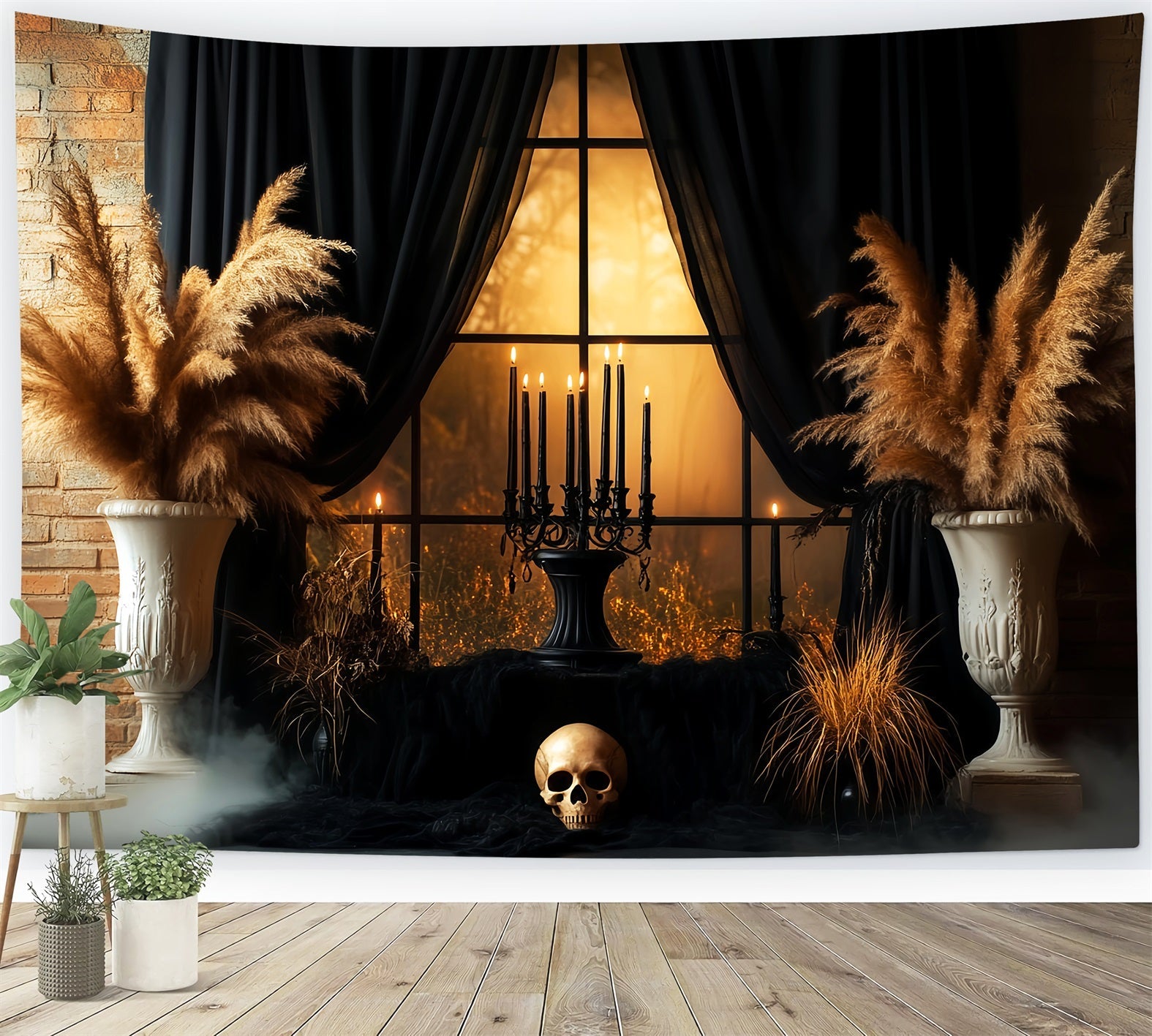 Unheimlicher Fotohintergrund Schwarzer Vorhang Totenkopf Kerzenlicht Fenster Halloween-Fotohintergründe LXX59-99