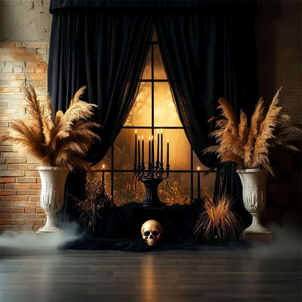 Unheimlicher Fotohintergrund Schwarzer Vorhang Totenkopf Kerzenlicht Fenster Halloween-Fotohintergründe LXX59-99