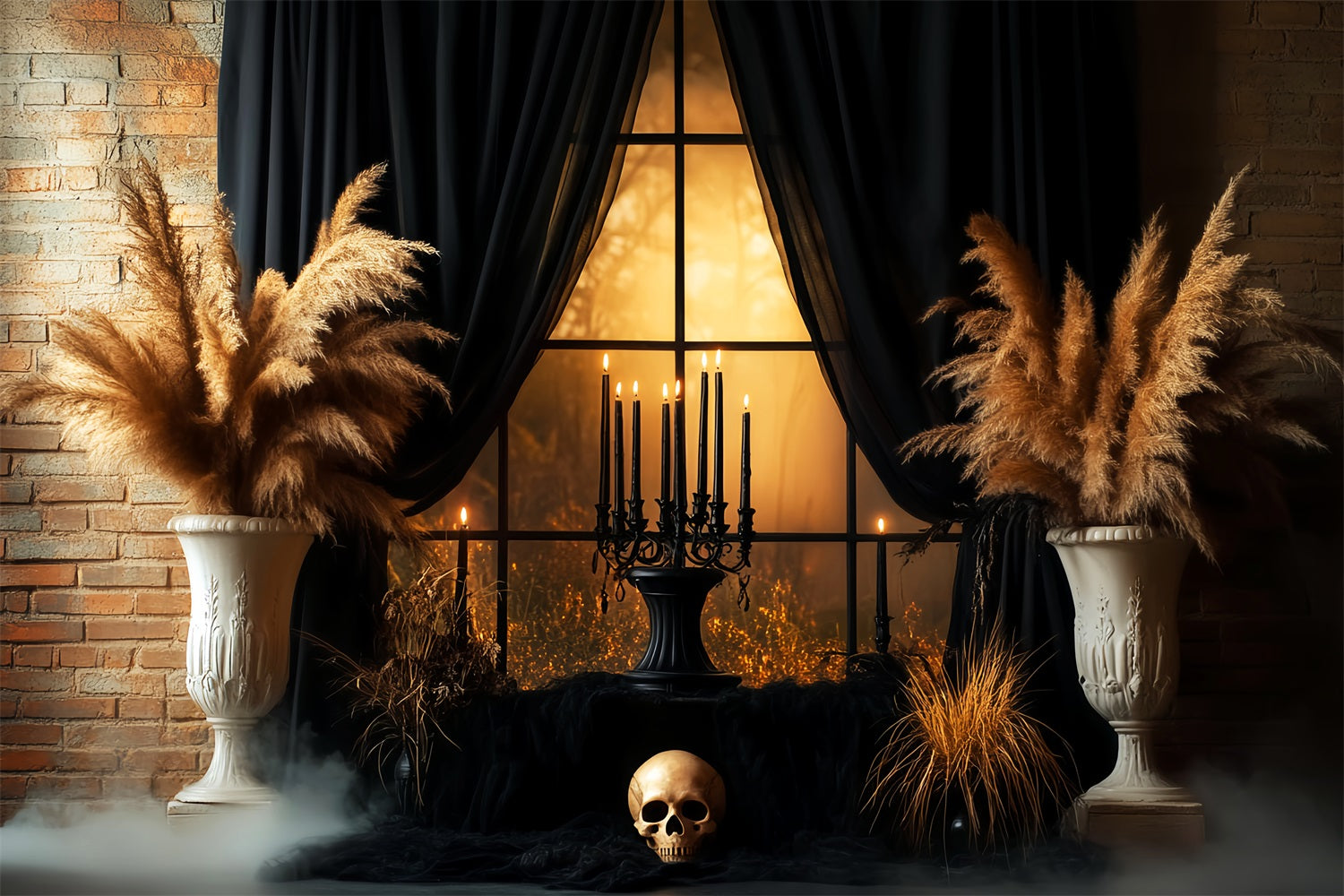 Unheimlicher Fotohintergrund Schwarzer Vorhang Totenkopf Kerzenlicht Fenster Halloween-Fotohintergründe LXX59-99