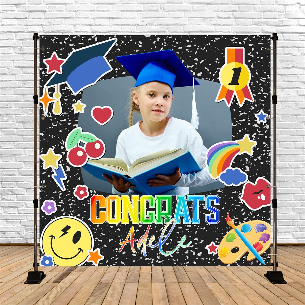 Vorschulabschluss-Hintergrundkulisse Funky Icons Customized Partyabschluss-Hintergrundkulisse LXX6-206