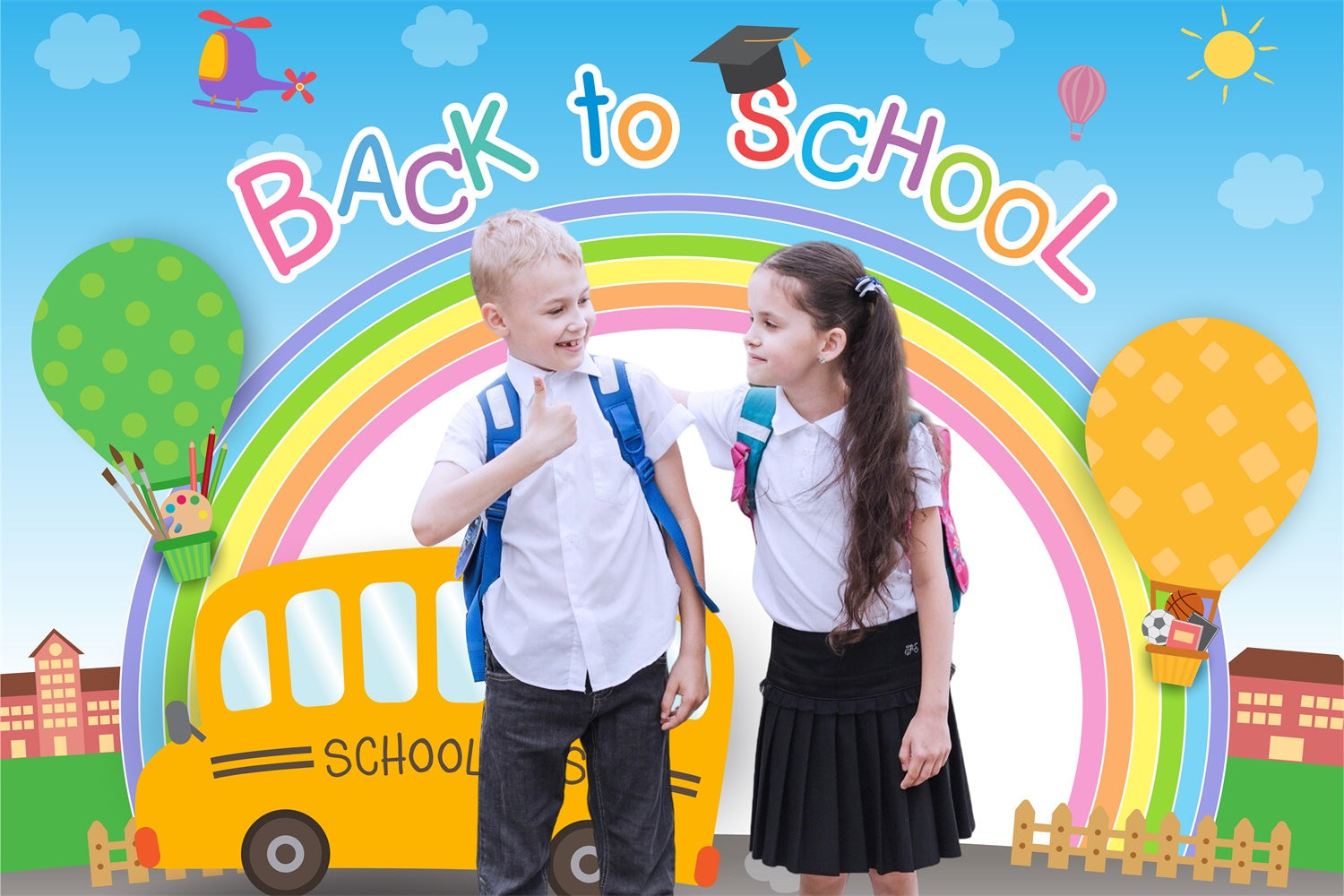 Back To School Backdrop Regenbogen Happy Bus Personalisierte Backdrop LXX6-34
