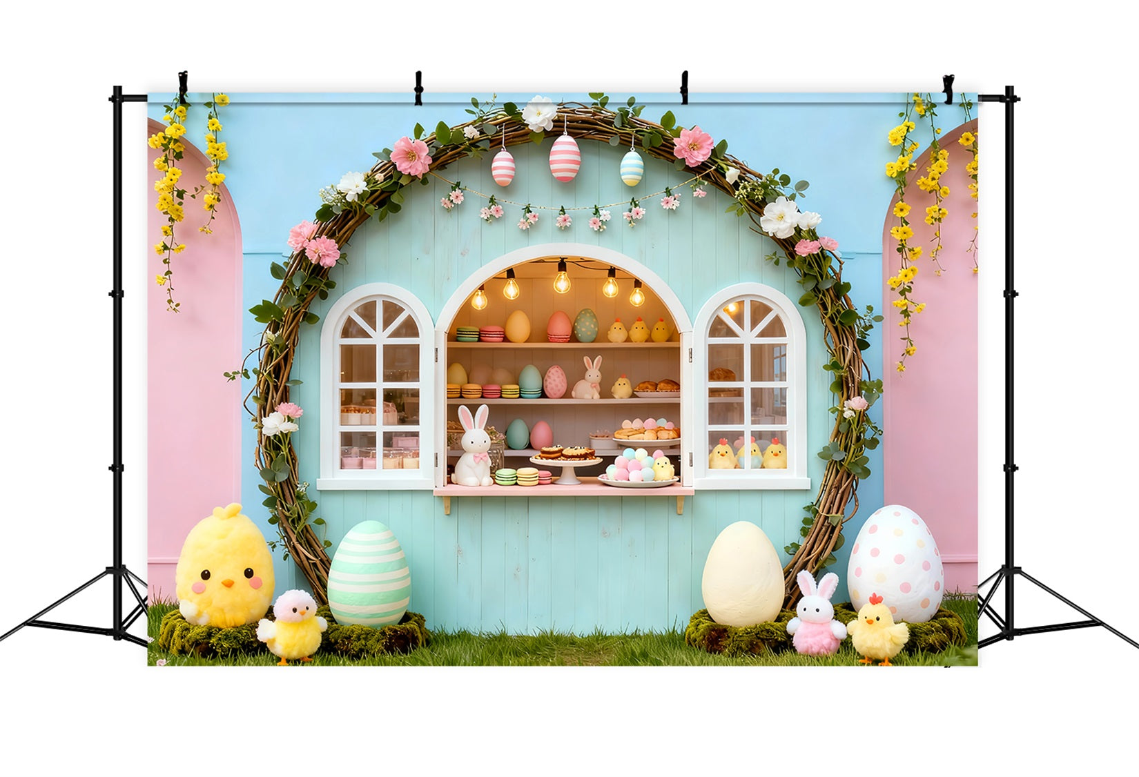 Marshmallow-Küken-Hintergrund Pastellfarbener Bogen Hasen-Bäckerei-Stand Ideen für Oster-Fotohintergründe LXX61-105