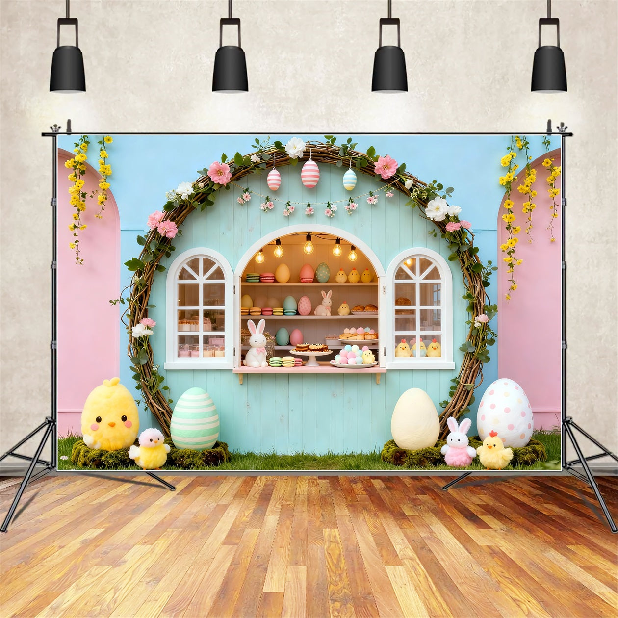 Marshmallow-Küken-Hintergrund Pastellfarbener Bogen Hasen-Bäckerei-Stand Ideen für Oster-Fotohintergründe LXX61-105