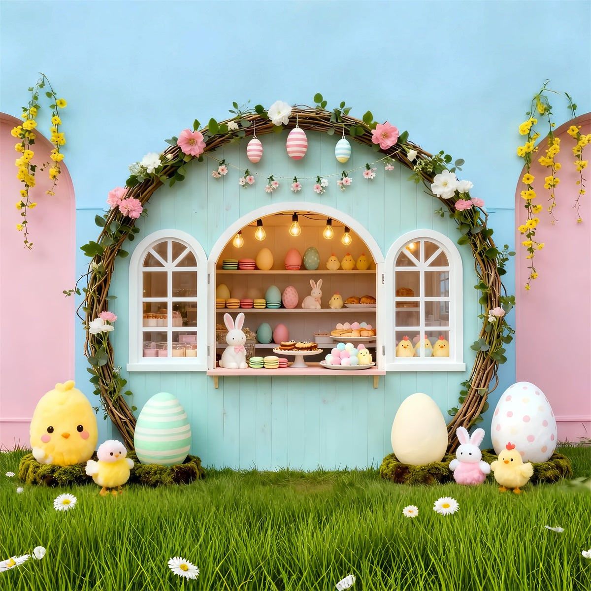 Marshmallow-Küken-Hintergrund Pastellfarbener Bogen Hasen-Bäckerei-Stand Ideen für Oster-Fotohintergründe LXX61-105