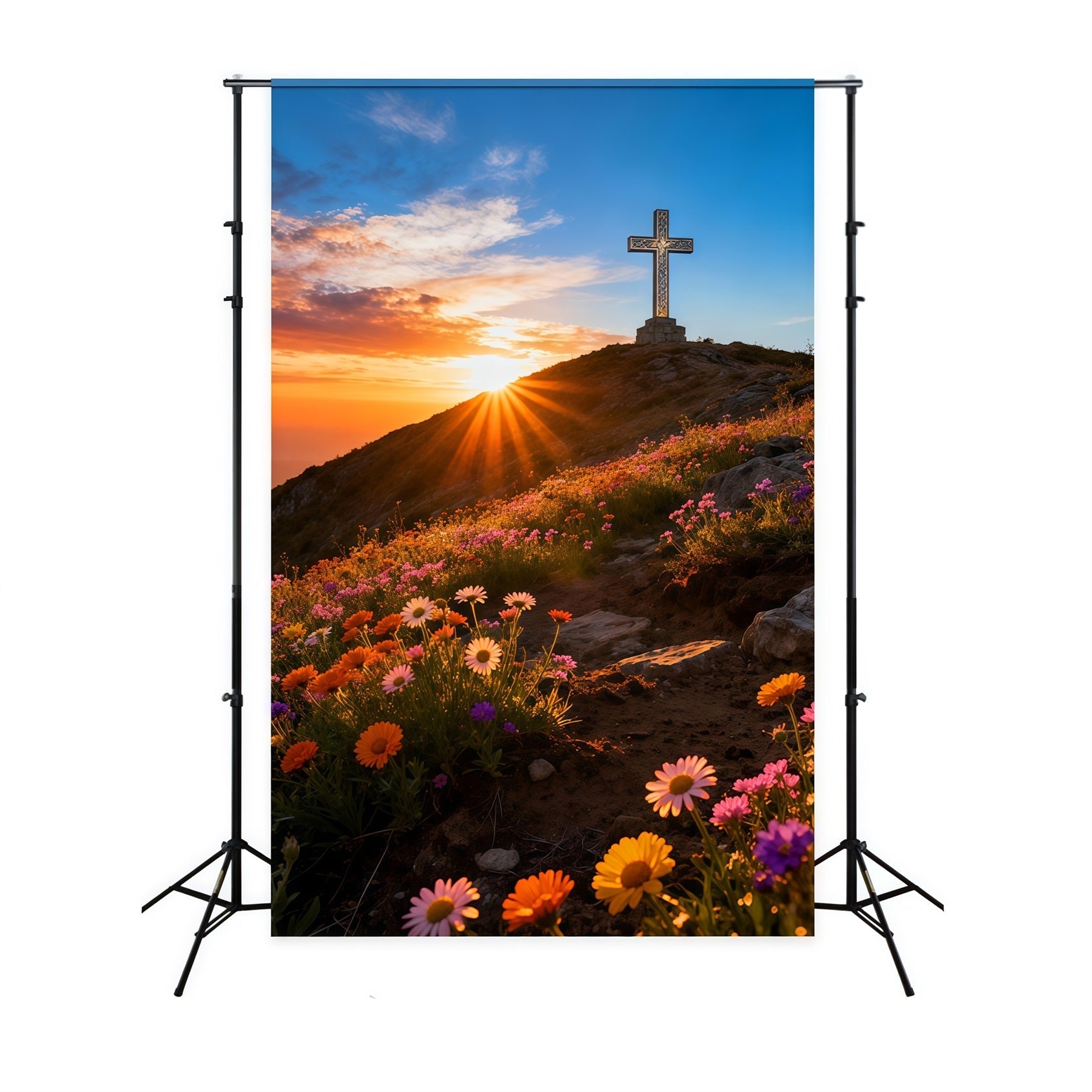 Kreuz und Lilien Hintergrund Hügel Sonnenaufgang Wildblumen Frohe Ostern Hintergrund LXX61-107