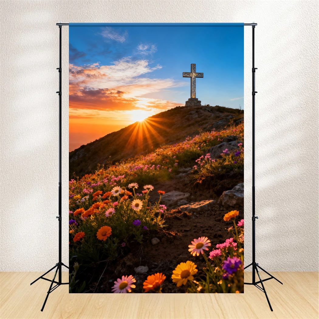 Kreuz und Lilien Hintergrund Hügel Sonnenaufgang Wildblumen Frohe Ostern Hintergrund LXX61-107