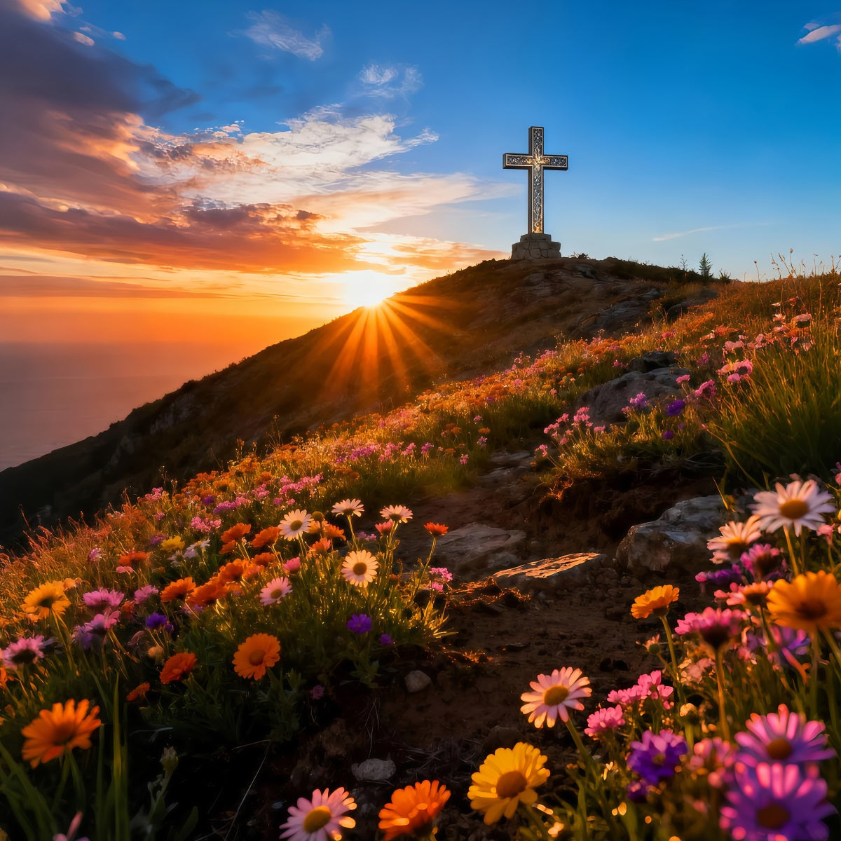 Kreuz und Lilien Hintergrund Hügel Sonnenaufgang Wildblumen Frohe Ostern Hintergrund LXX61-107
