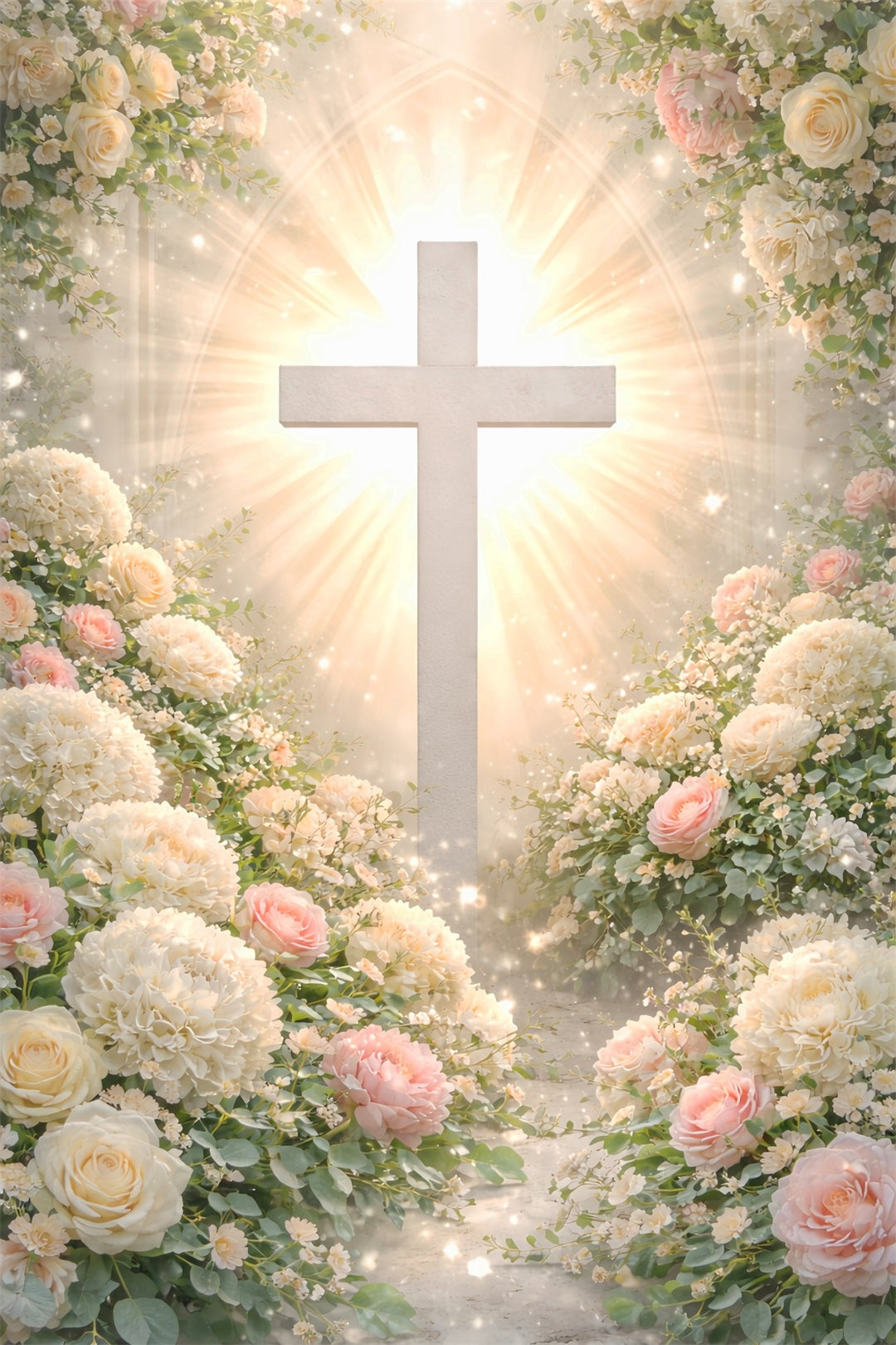 Kreuz und Lilien Hintergrund Blumenbogen Religiöse Sonnenstrahlen Frohe Ostern Hintergrund LXX61-109
