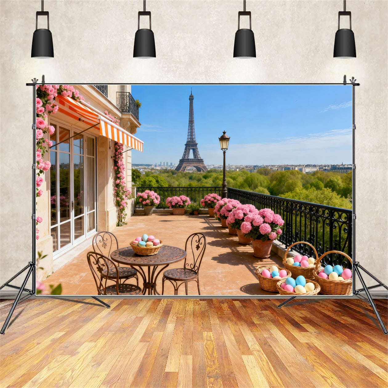 Osterkorb-Hintergrund Paris Balkon Eiffelturm Osterhintergrund für Fotos LXX61-113