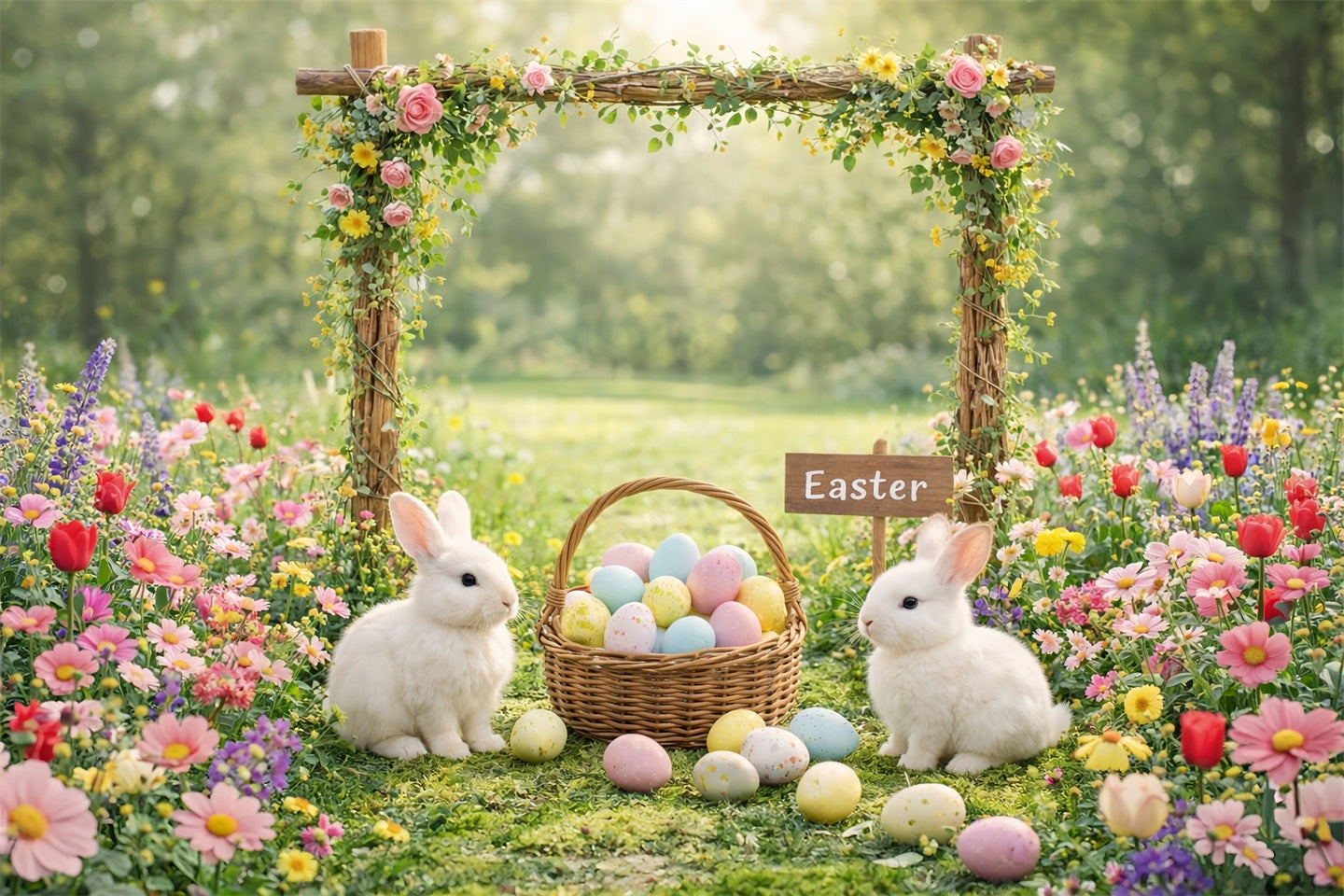 Hintergrund mit Osterhasen, Garten, Blumenbogen und Haseneiern für Ostern LXX61-118
