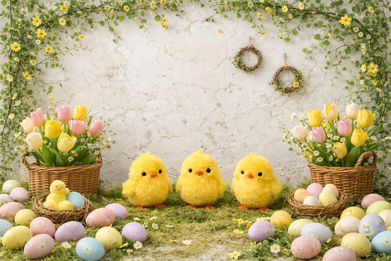 Hintergrund mit Osterküken, Tulpen, Eiern und Blumenbogen für Ostern LXX61-120