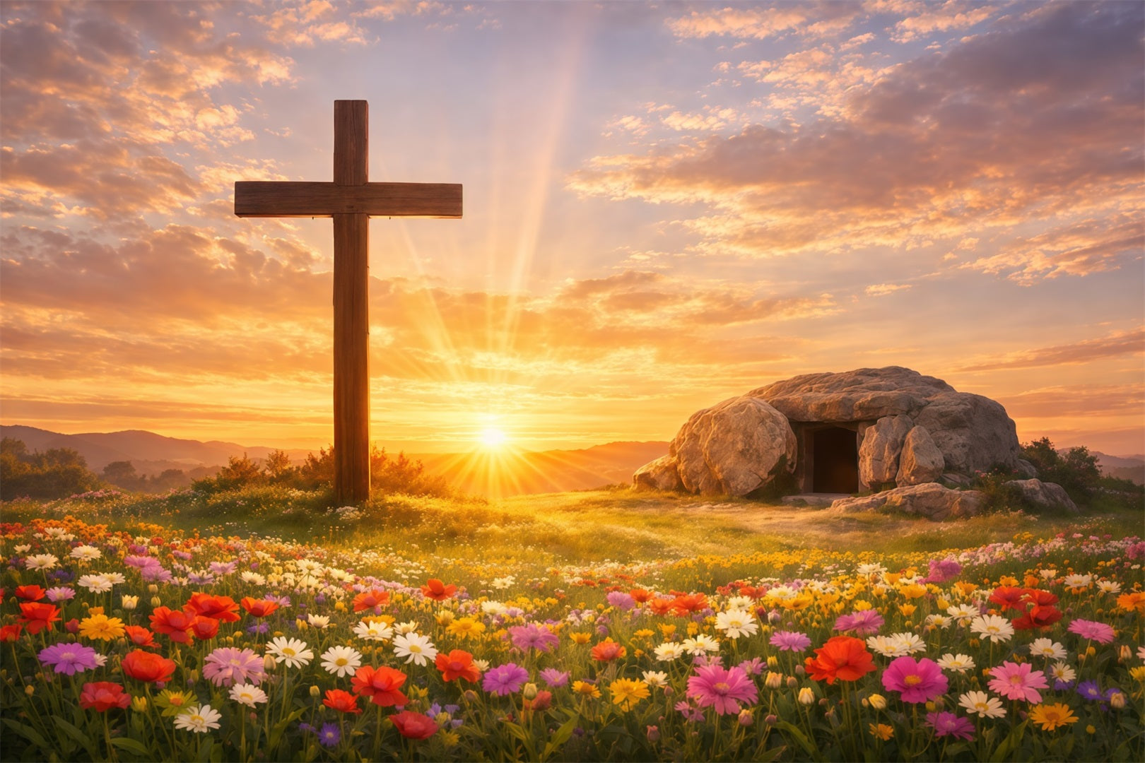Er ist auferstanden Hintergrund Kreuz Grab Blumenfeld Ostern Fotografie Hintergründe LXX61-141