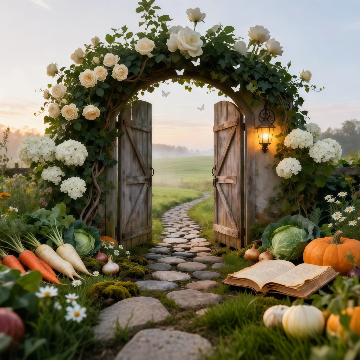 Gartenhintergrund für Fotoshootings Rustikales Bauernhoftor Sonnenaufgang Wiese Frühlingshintergrund für Fotos LXX61-164