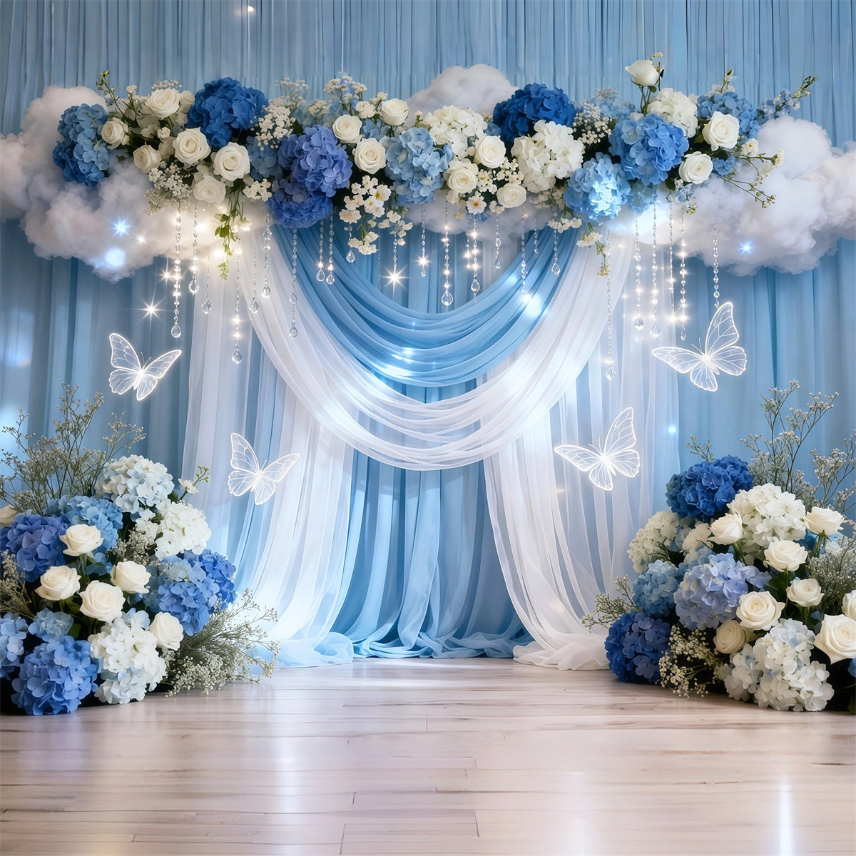 Schmetterlings-Hintergrund Blau-weißer Vorhang Wolkenblume Frühlings-Hintergrund LXX61-169