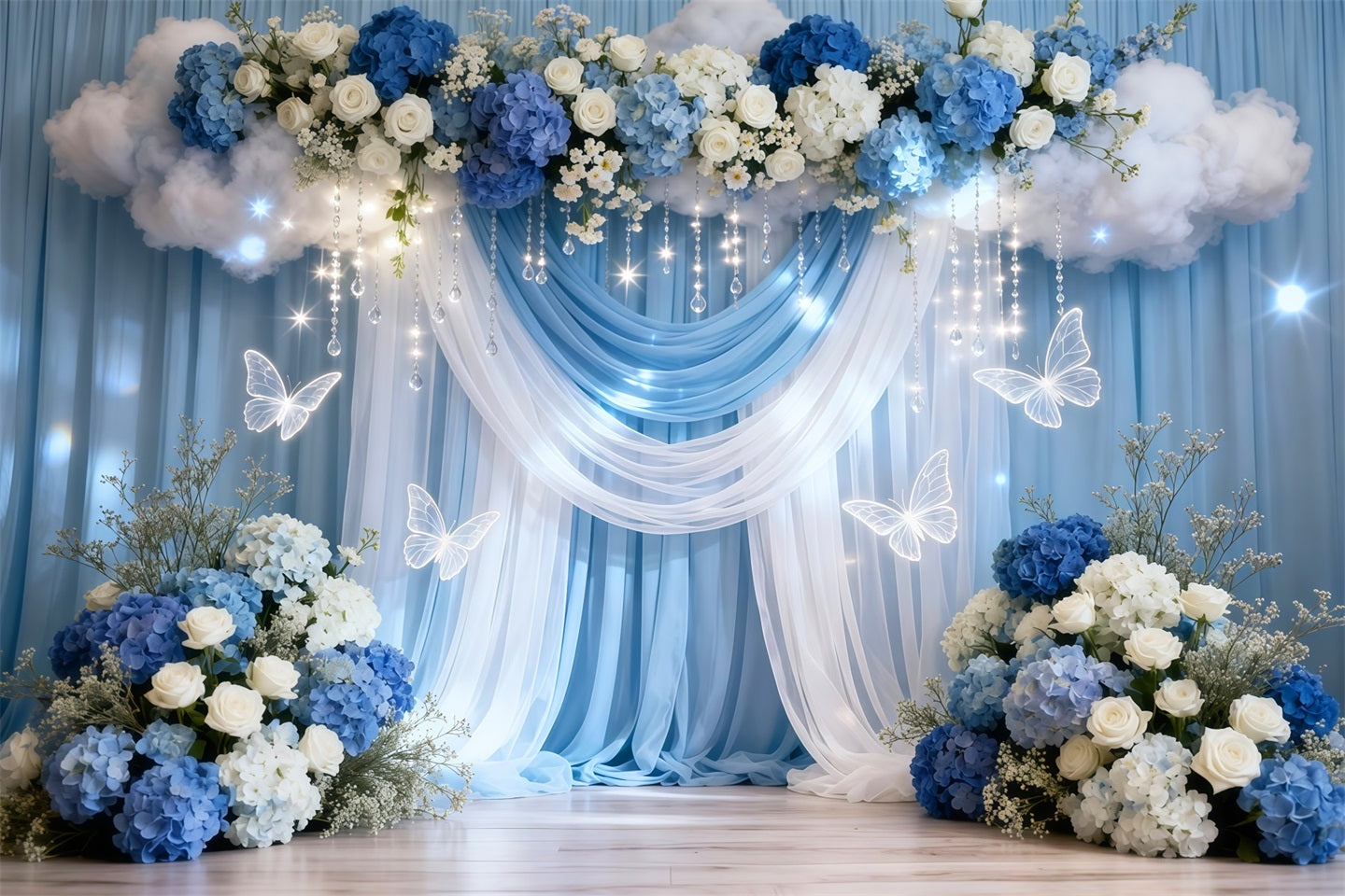 Schmetterlings-Hintergrund Blau-weißer Vorhang Wolkenblume Frühlings-Hintergrund LXX61-169