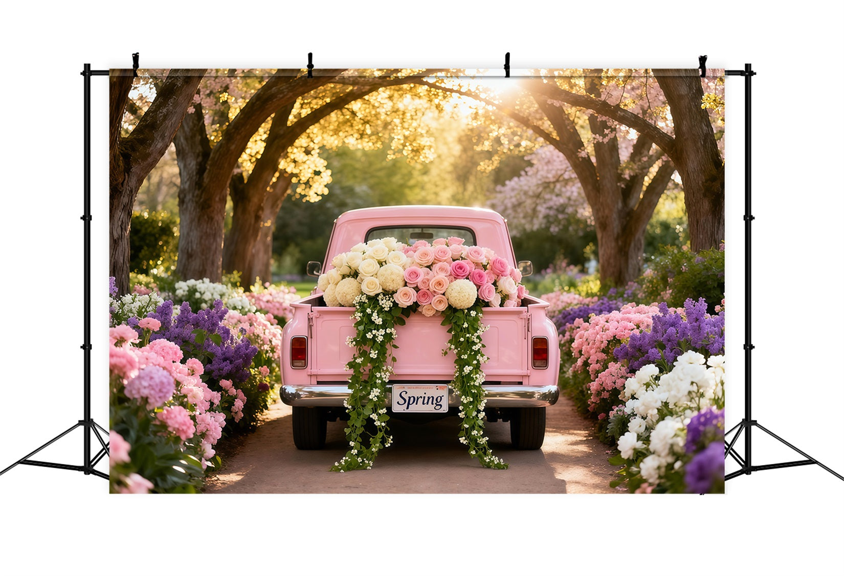 Ideen für Gartenhintergründe Blütentunnel Rosa Vintage-Lkw-Fotohintergrund Frühling LXX61-170