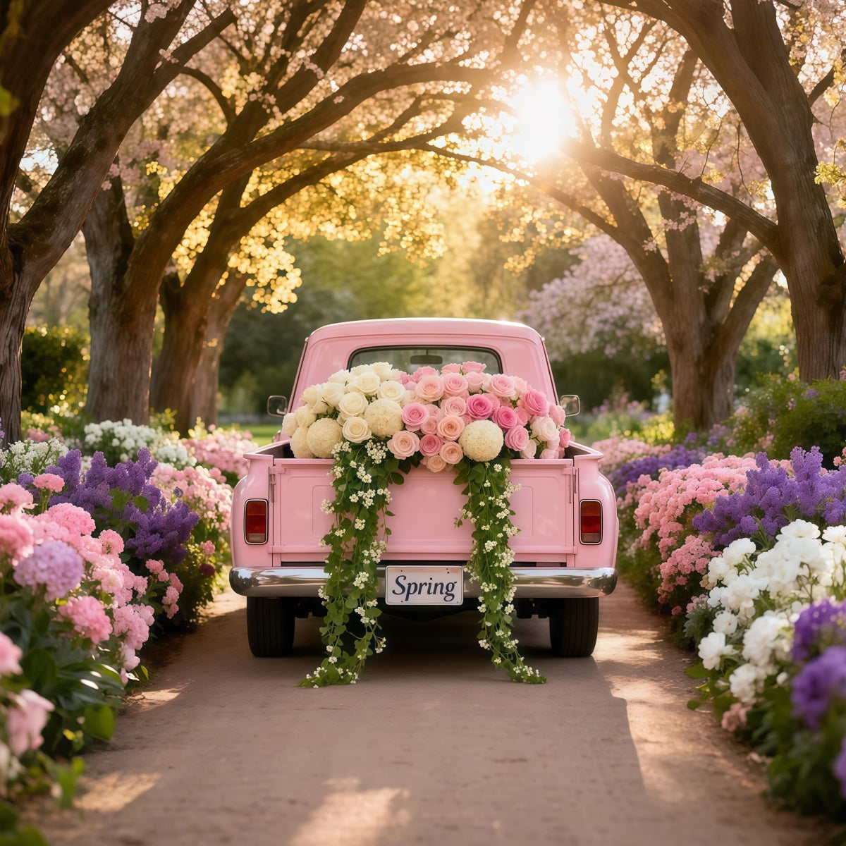 Ideen für Gartenhintergründe Blütentunnel Rosa Vintage-Lkw-Fotohintergrund Frühling LXX61-170