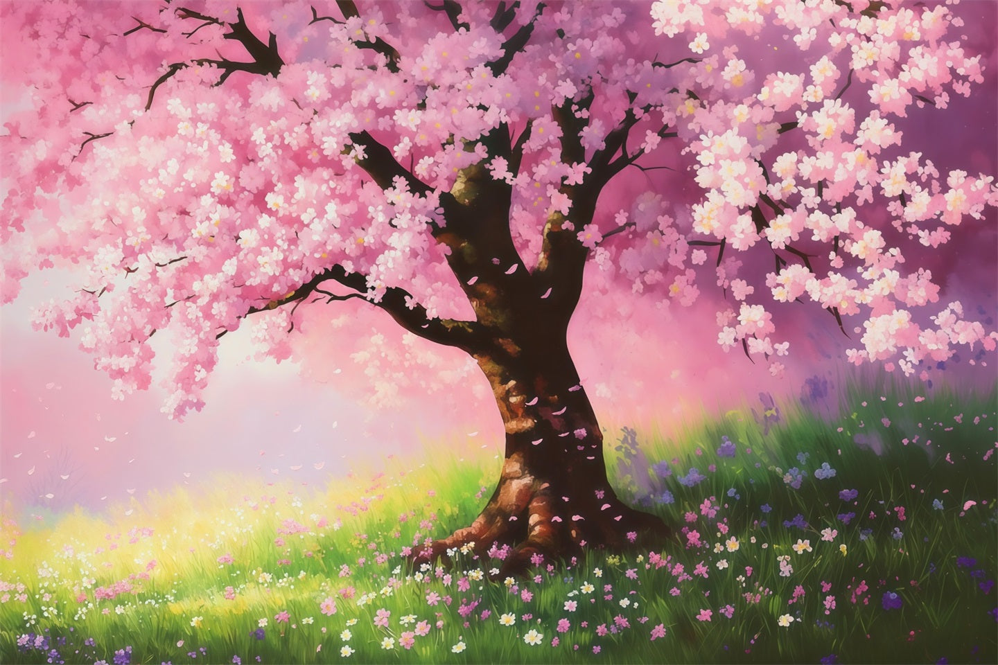 Kirschblüten-Hintergrund Verträumter gemalter Sakura-Feld-Blumenhintergrund LXX61-176