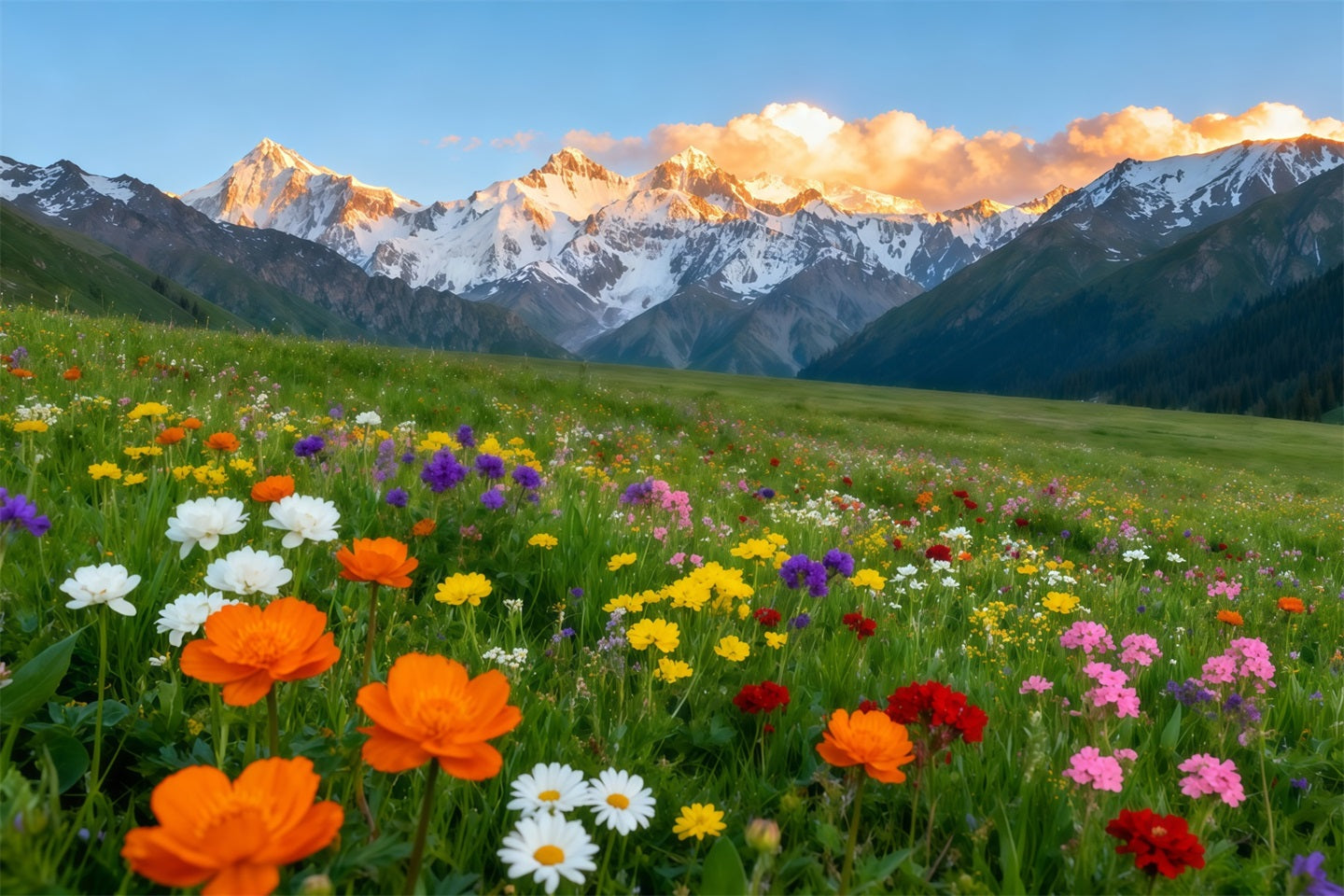 Wildblumen-Hintergrund Alpengebirge Tal Blumenfeld Blumen-Fotohintergrund LXX61-178