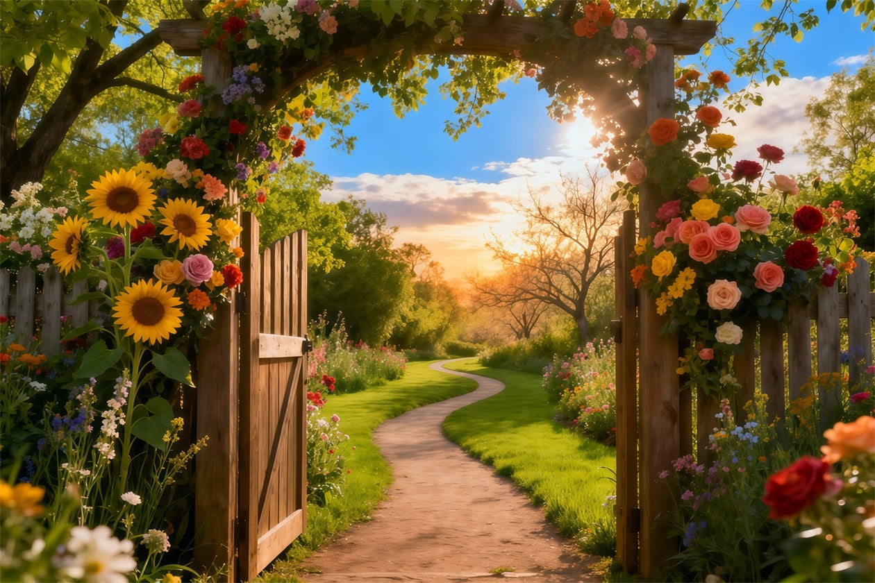 Garten-Fotohintergrund Sonnenuntergang Rustikaler Bogen Tür Weg Blumenhintergründe LXX61-180