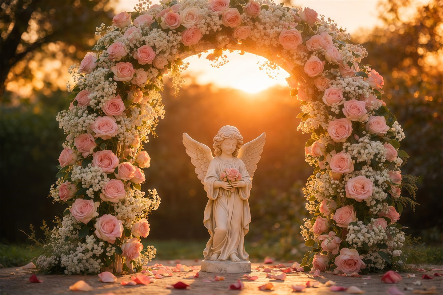 Garten-Fotohintergrund Goldene Stunde Engel Rosen Bogen Blumenhintergründe LXX61-182