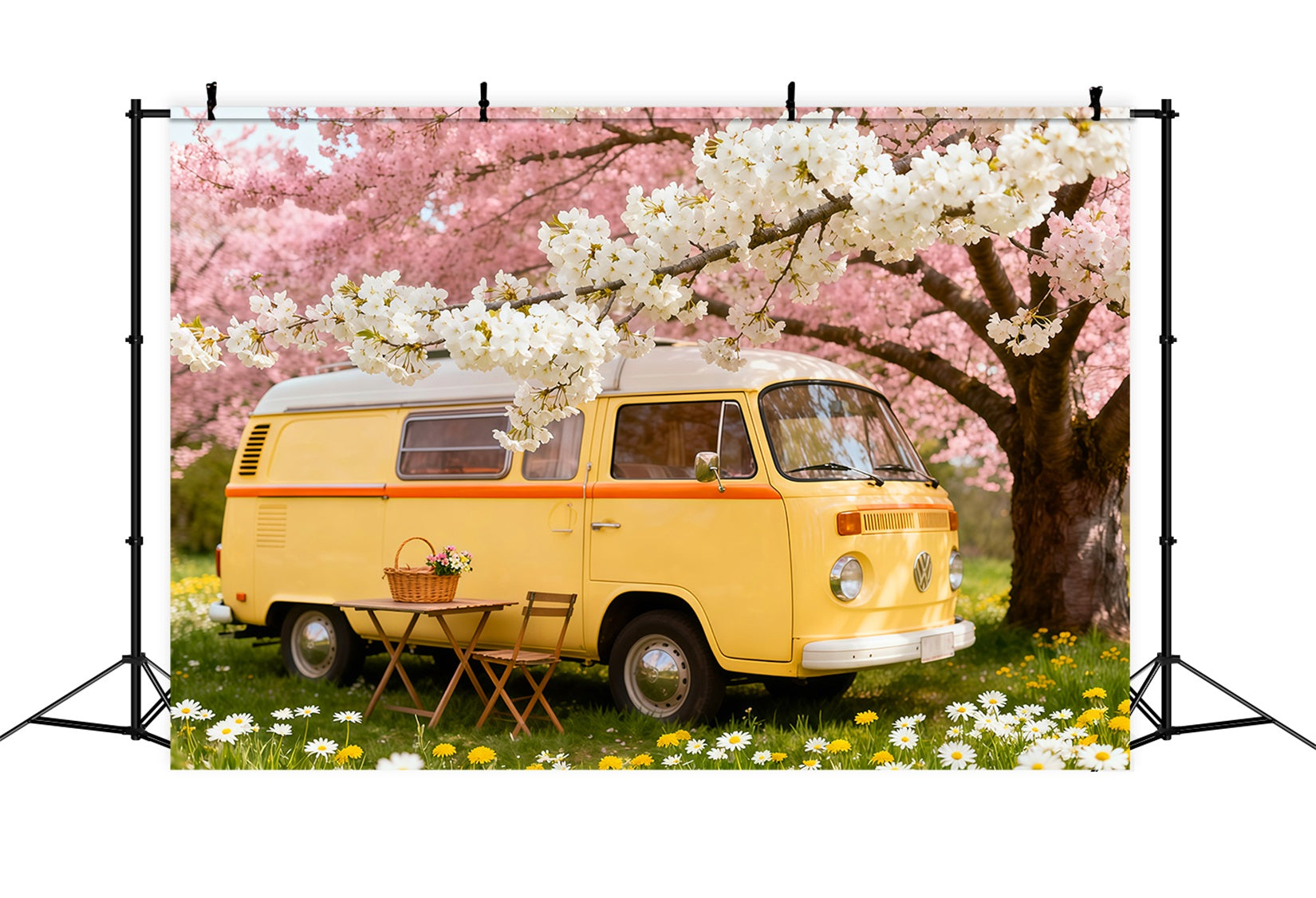 Wildblumen-Fotohintergrund Kirschblüten Camper Picknick Blumenhintergründe für die Fotografie LXX61-184