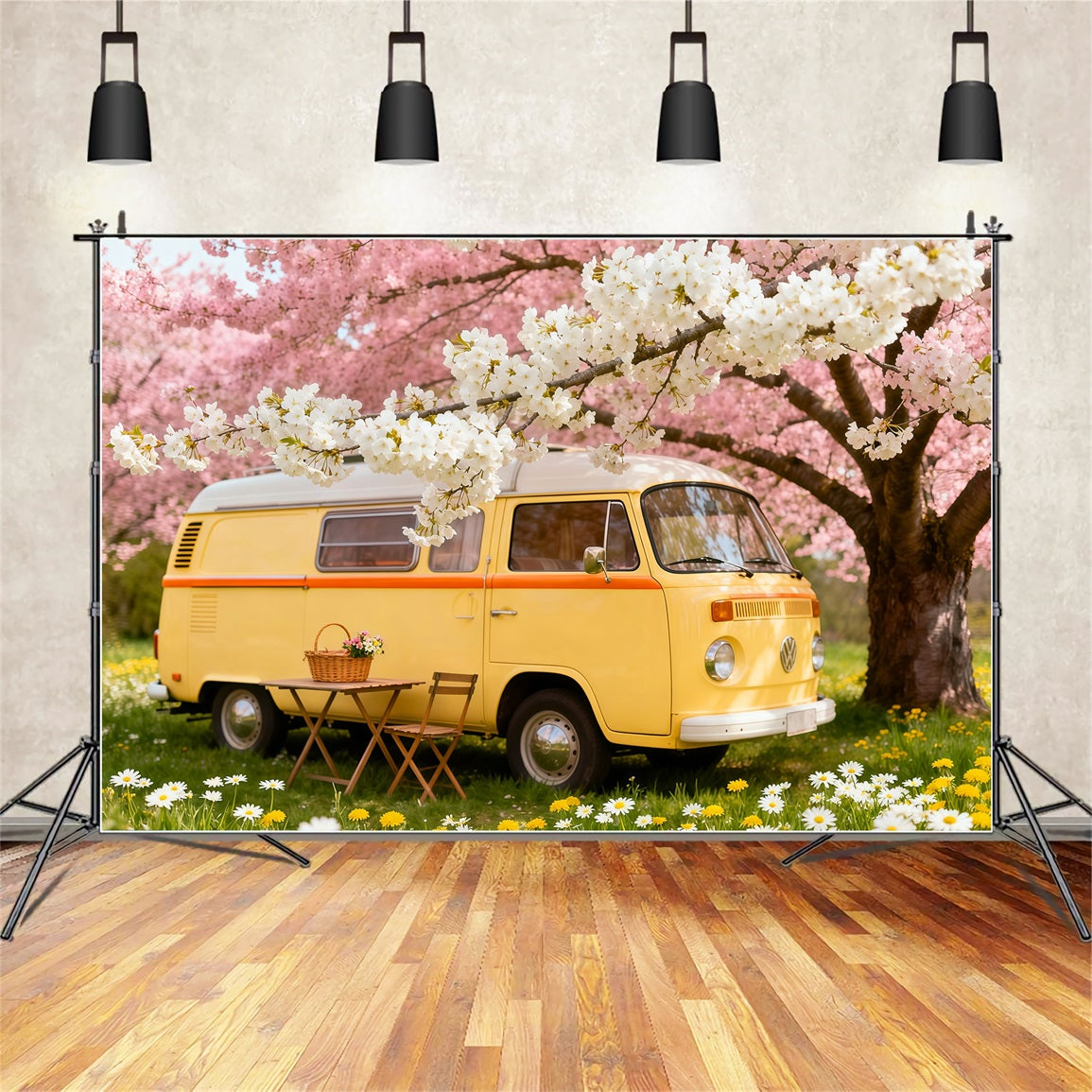 Wildblumen-Fotohintergrund Kirschblüten Camper Picknick Blumenhintergründe für die Fotografie LXX61-184