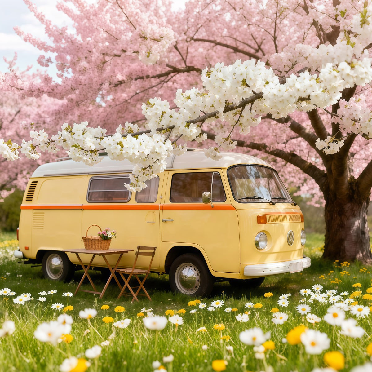 Wildblumen-Fotohintergrund Kirschblüten Camper Picknick Blumenhintergründe für die Fotografie LXX61-184