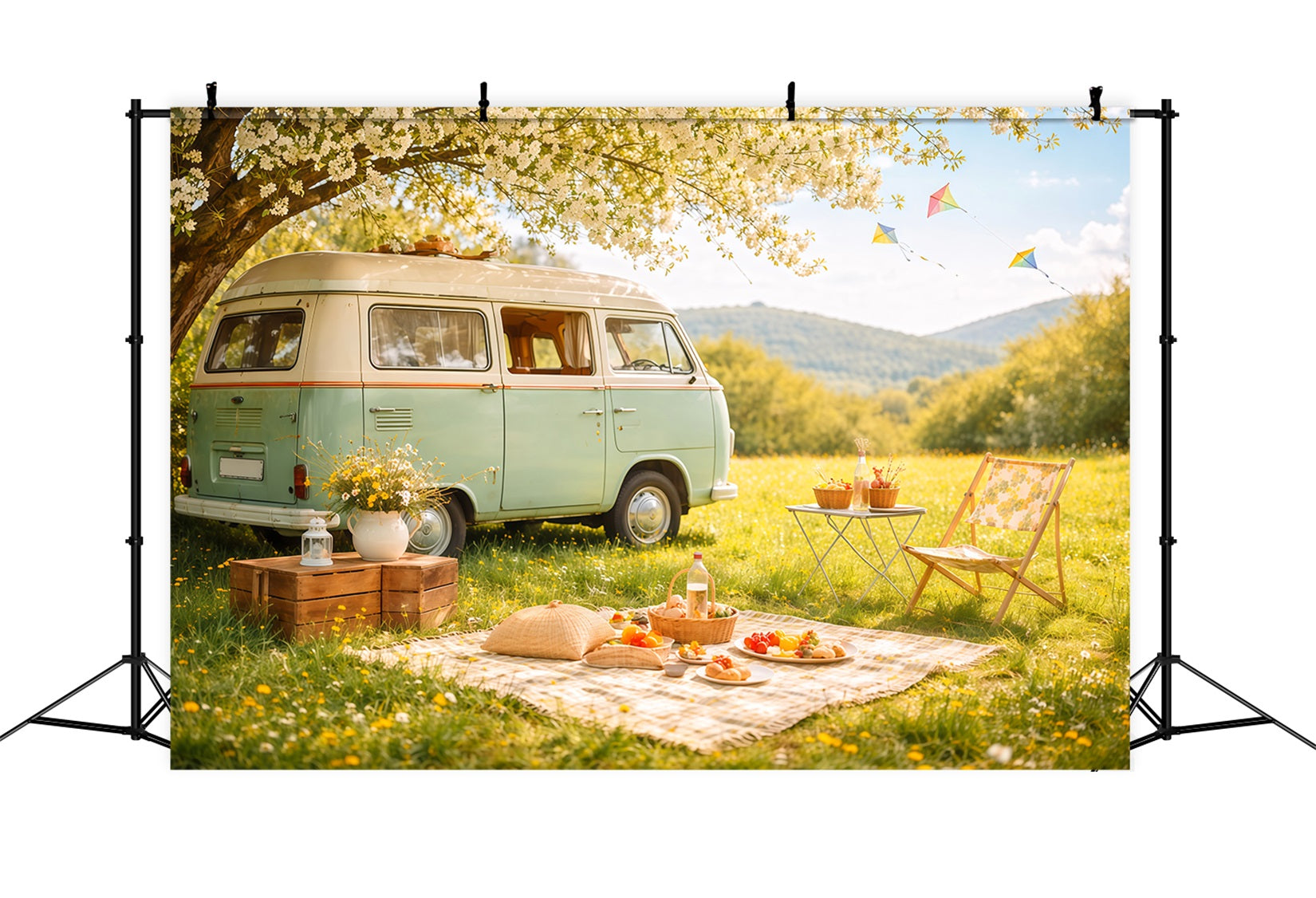 Wildblumen-Fotohintergrund Pastellfarbene Wiese Camper Picknick Blumenhintergründe für die Fotografie LXX61-185