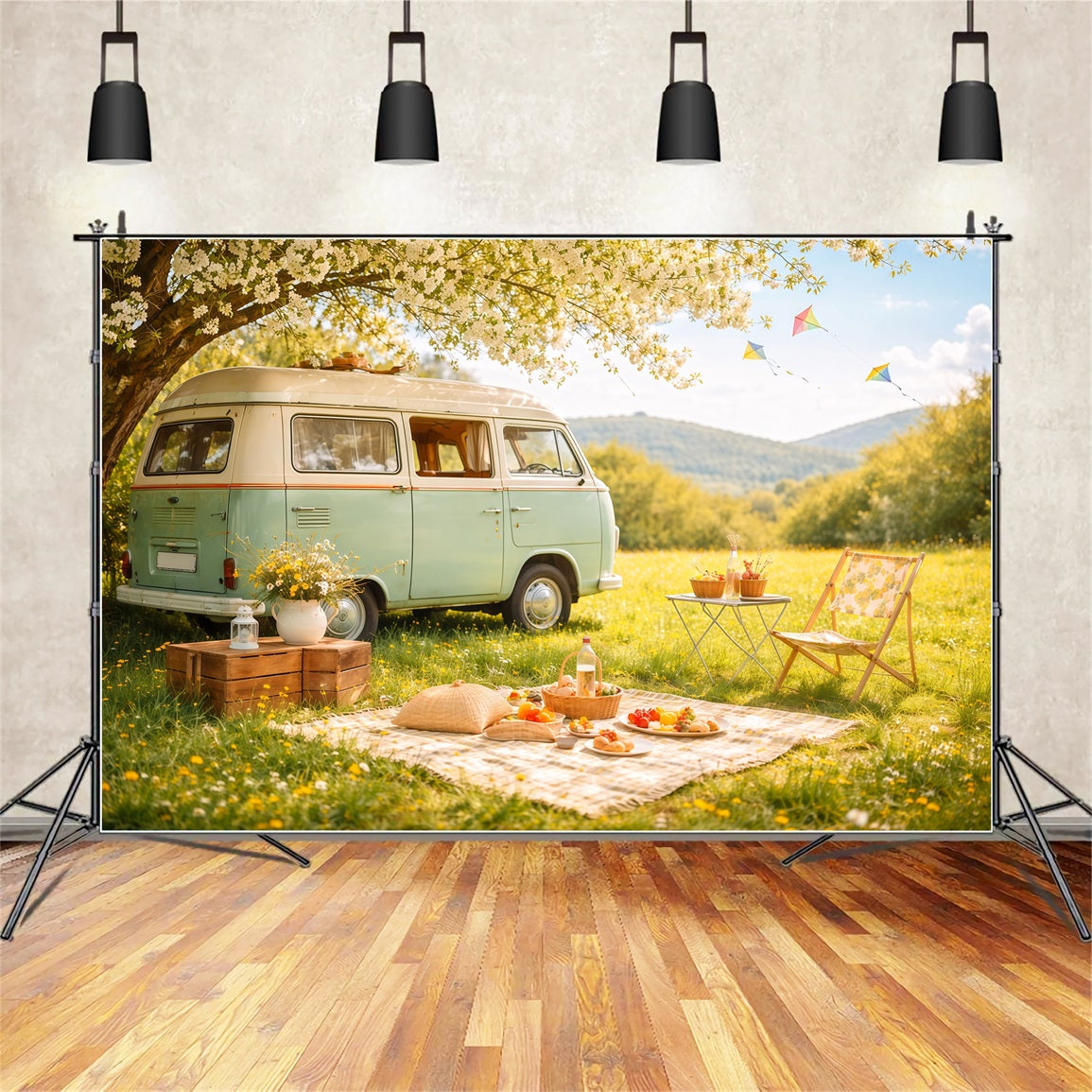 Wildblumen-Fotohintergrund Pastellfarbene Wiese Camper Picknick Blumenhintergründe für die Fotografie LXX61-185