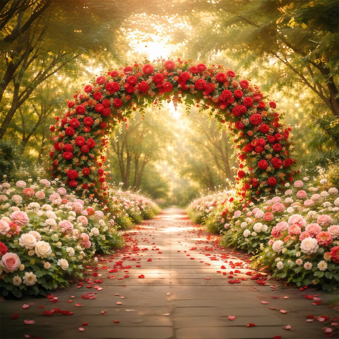 Blumengarten-Hintergrund Rosenbogen Waldweg mit Blütenblättern Blumenhintergrund für die Fotografie LXX61-186