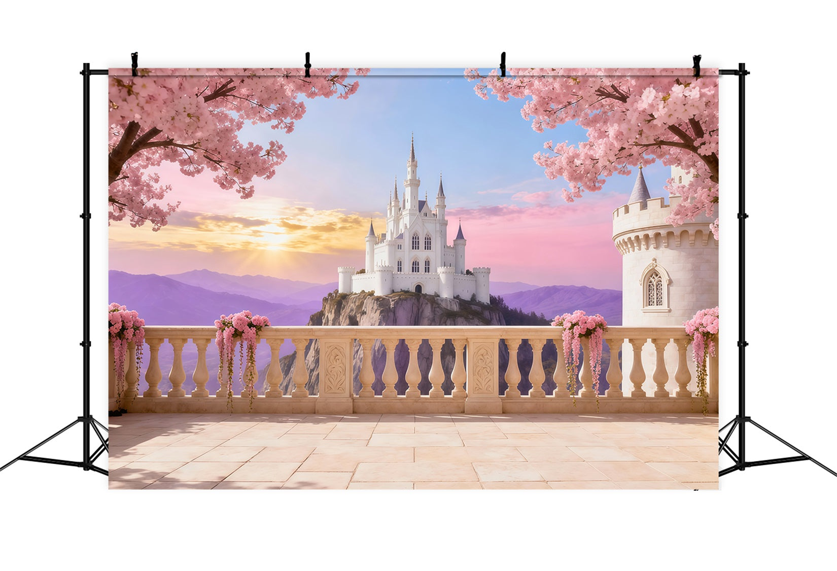 Kirschblüten-Fotohintergrund Schloss Sonnenaufgang Terrasse Blumenhintergrund für Fotografie LXX61-191