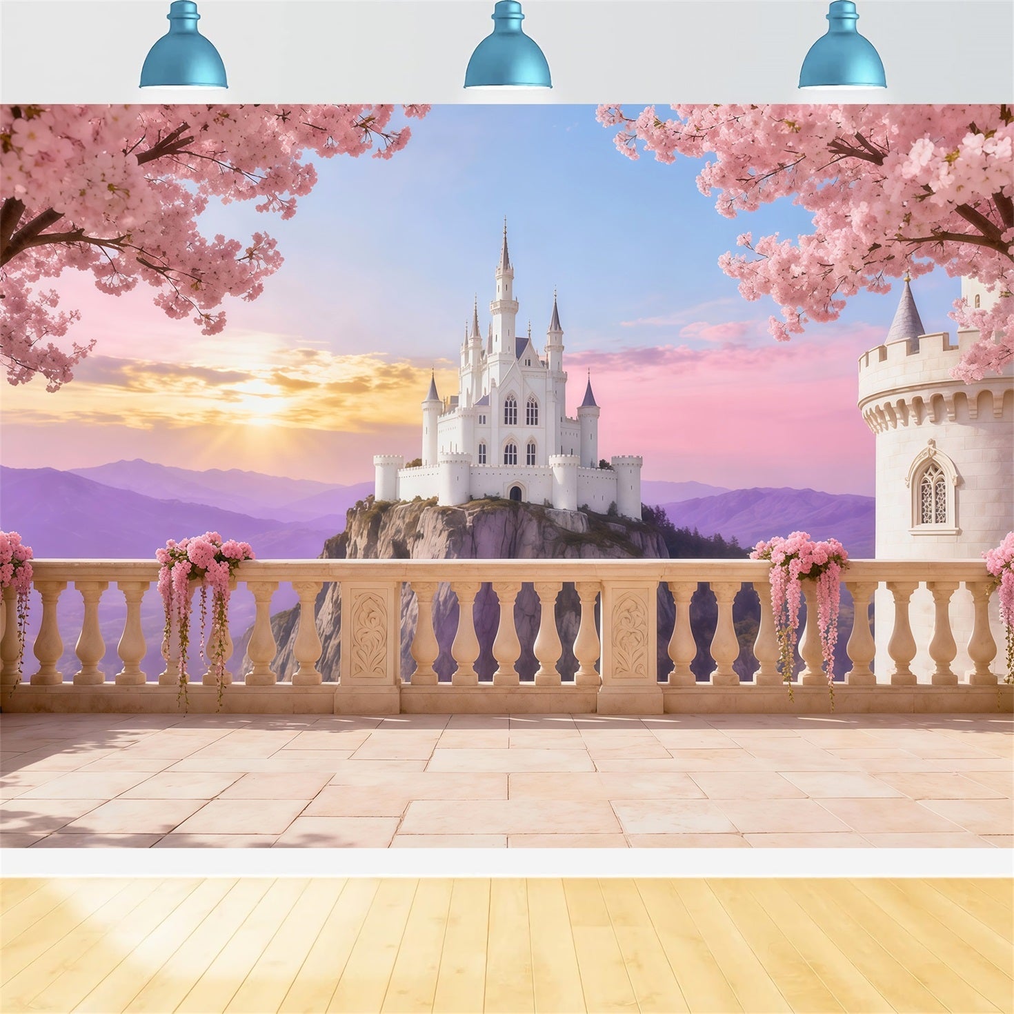Kirschblüten-Fotohintergrund Schloss Sonnenaufgang Terrasse Blumenhintergrund für Fotografie LXX61-191