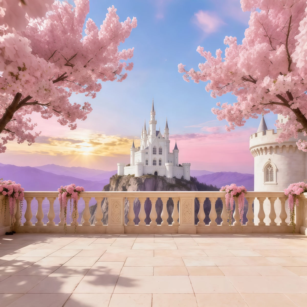 Kirschblüten-Fotohintergrund Schloss Sonnenaufgang Terrasse Blumenhintergrund für Fotografie LXX61-191