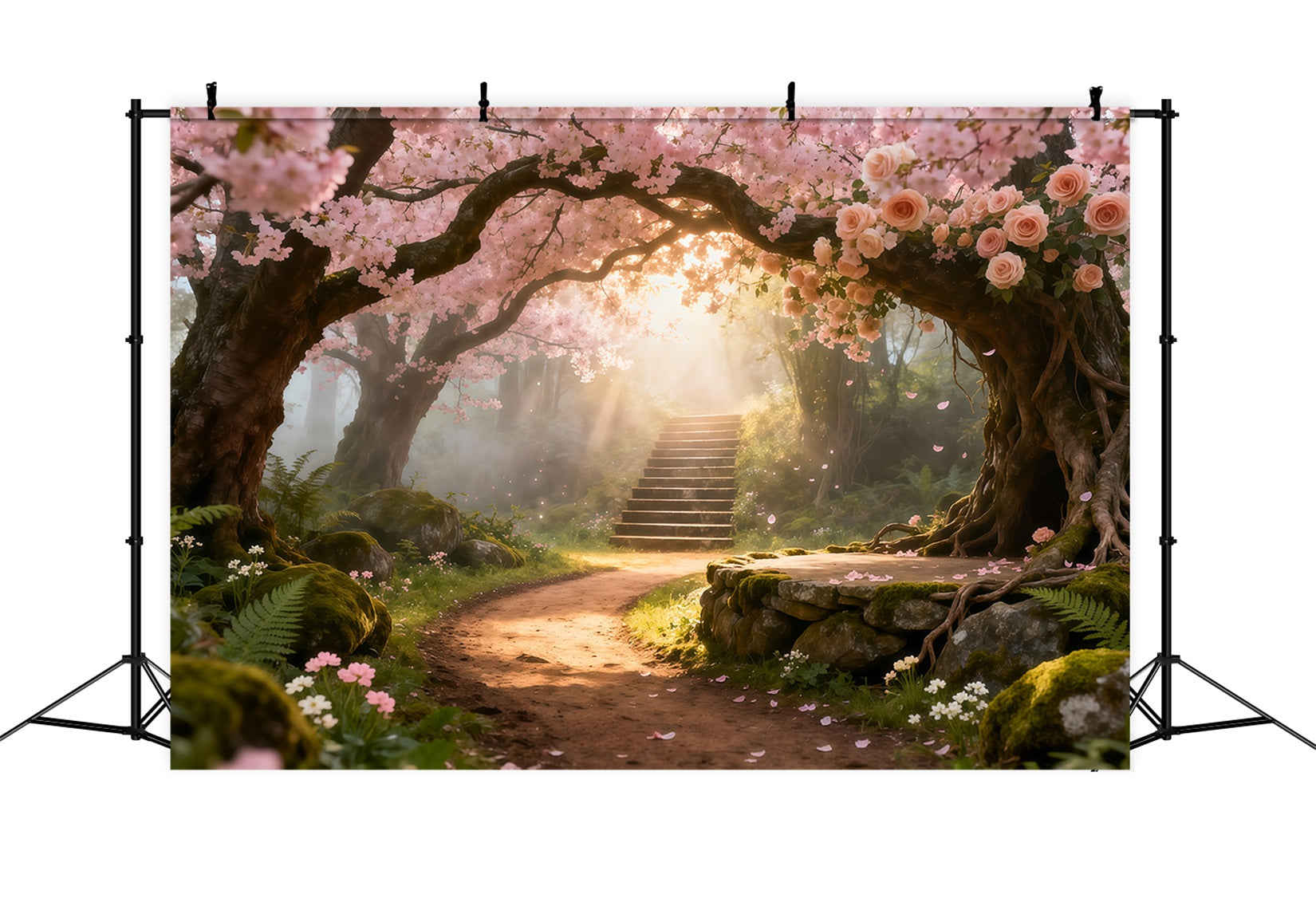 Kirschblüten-Fotohintergrund Blumenbogen Sonniger Weg Blumenhintergrund für Fotografie LXX61-192