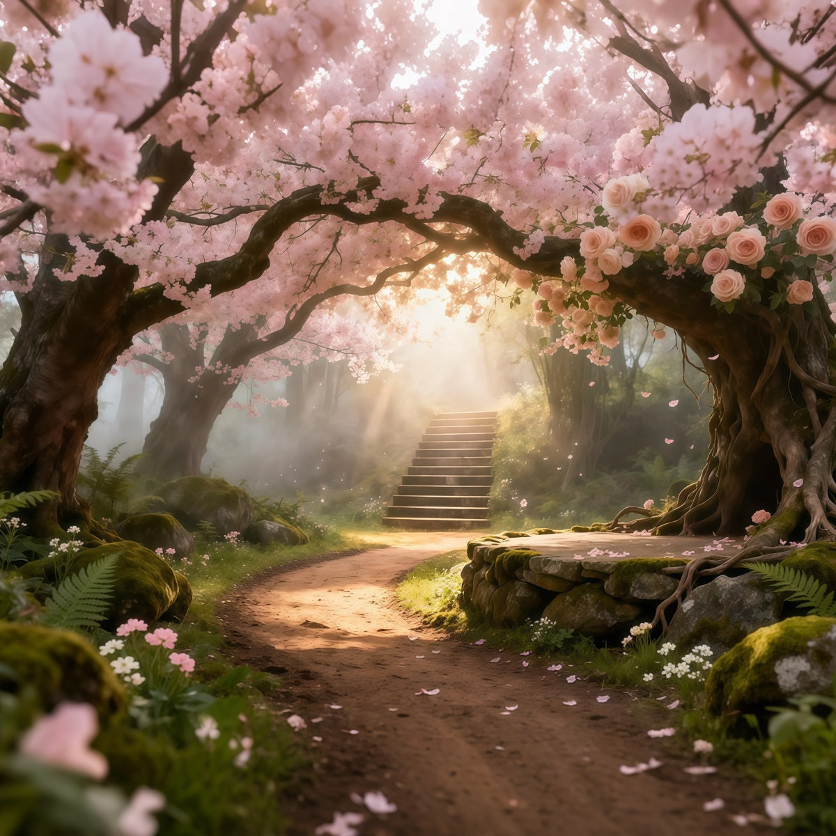 Kirschblüten-Fotohintergrund Blumenbogen Sonniger Weg Blumenhintergrund für Fotografie LXX61-192